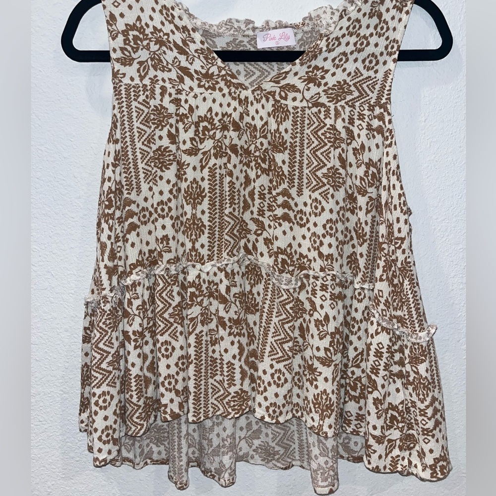 Pink Lily Brown and Cream Patterned Blouse